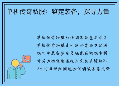 单机传奇私服：鉴定装备，探寻力量